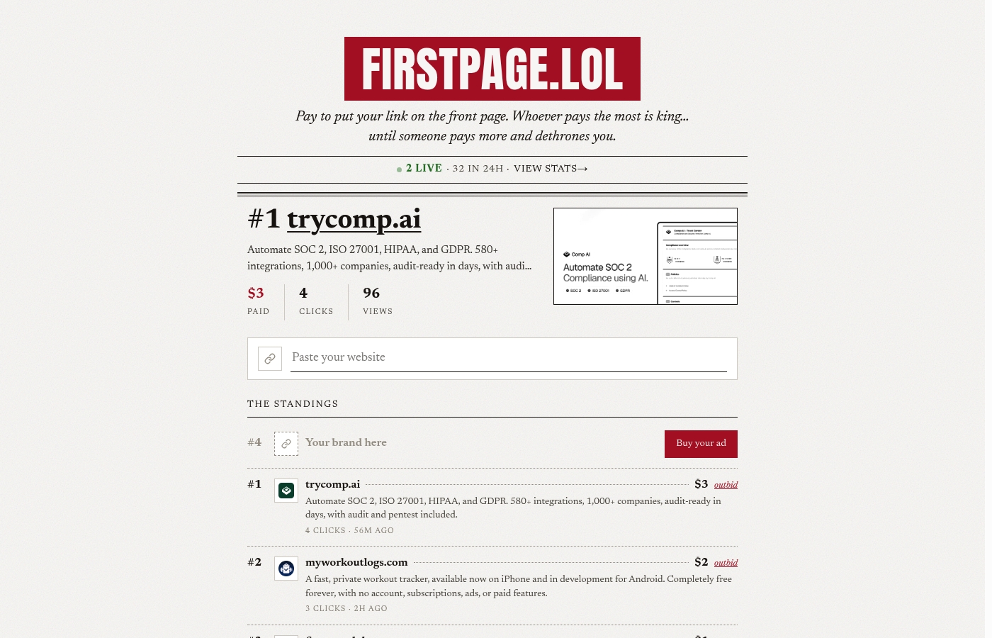 Screenshot of firstpage.lol — pay to be #1