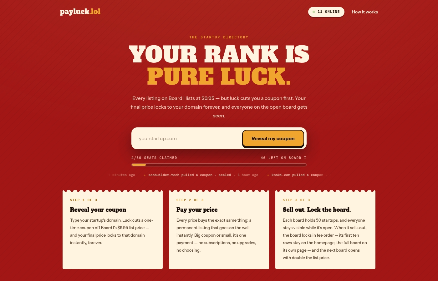 Screenshot of Payluck — the luck-priced startup directory