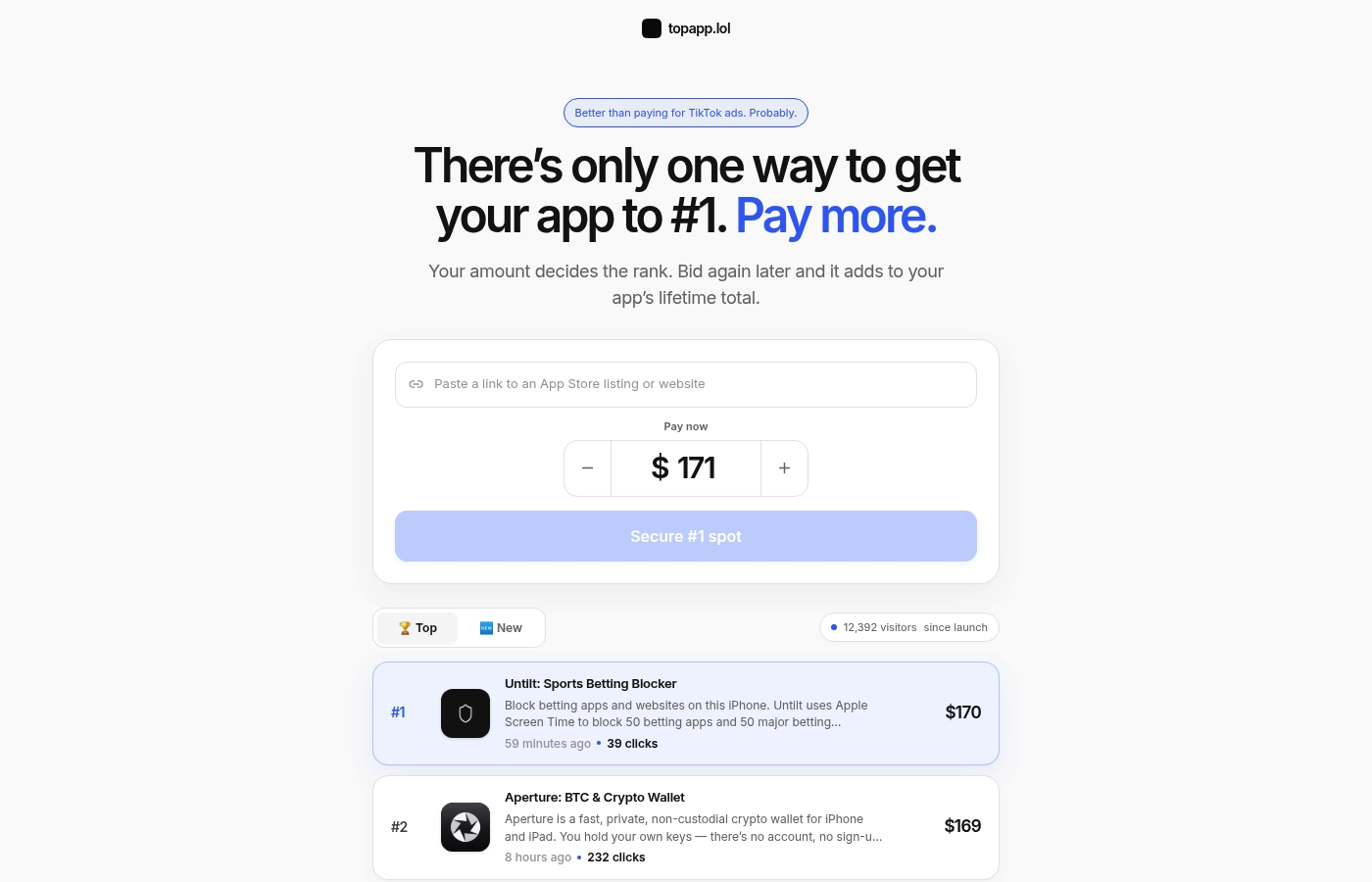 Screenshot of topapp.lol — Pay your way to #1