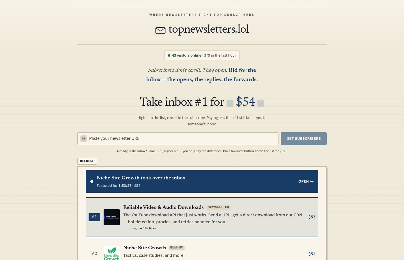 Screenshot of topnewsletters.lol