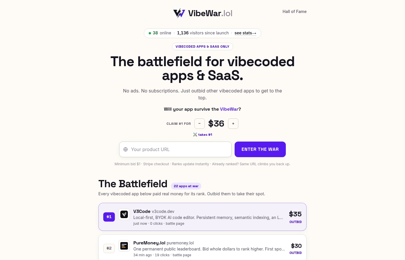 Screenshot of VibeWar — The battlefield for vibecoded apps & SaaS.